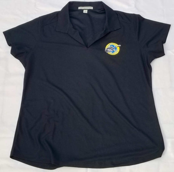 ladies black polyester v-neck golf shirt with embroidered KCBS logo