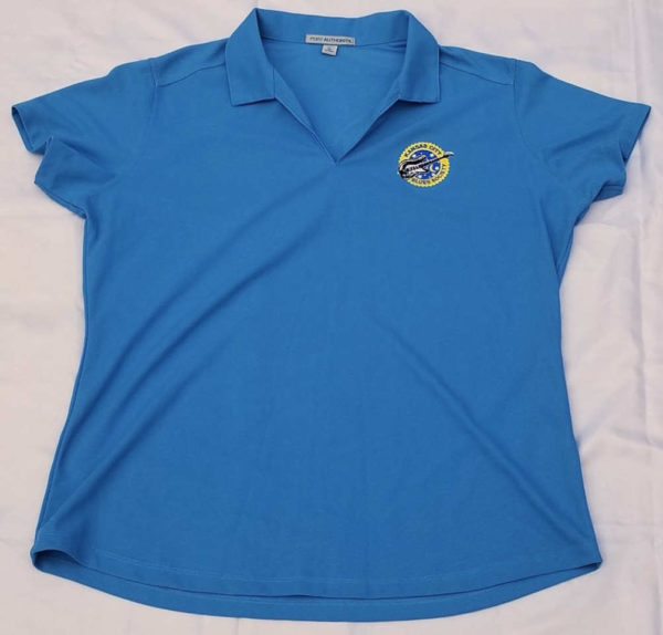 women's blue polyester golf shirt with KCBS logo