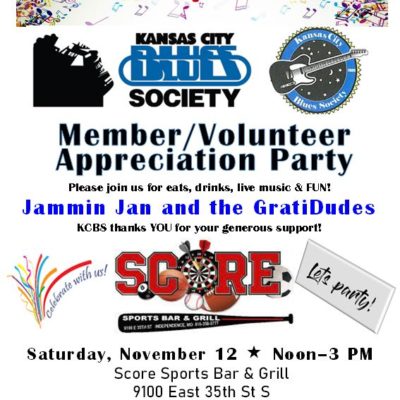 Membership/Volunteer Appreciation Party on Saturday, November 12, 2022, at Score Sports Bar and Grill