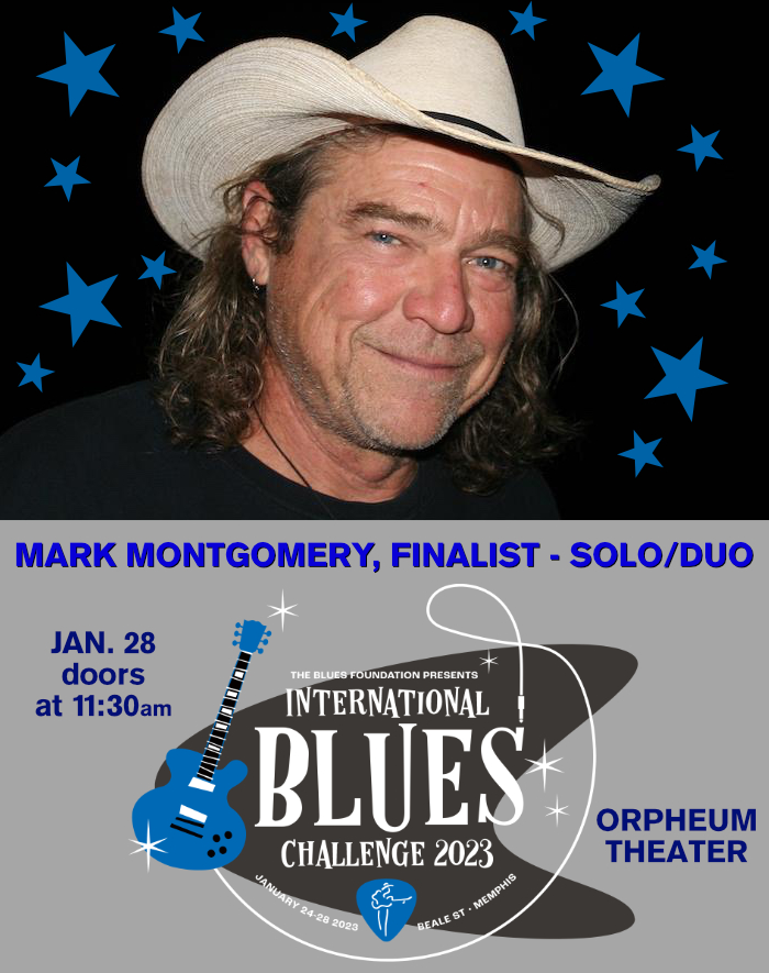 Mark Montgomery is going to the finals of the International Blues Challenge 2023. Here's Mark wearing a cowboy hat and smiling.