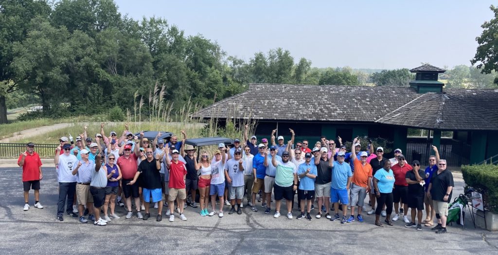 A large group of participants at the 2023 Michael Shannon Golf Tournament Benefit at Hillcrest Golf Course, Kansas City, MO