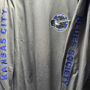 long sleeve mens tee, front view. Kansas City Blues Society on the sleeves