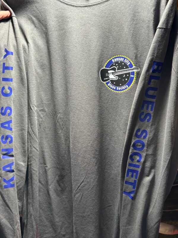long sleeve mens tee, front view. Kansas City Blues Society on the sleeves