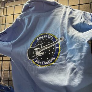 Men's long sleeve hoodie, light blue, large KCBS logo on the back